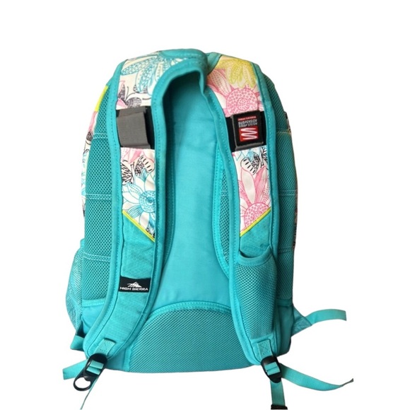 High Sierra Suspension Padded Strap Backpack Green Yellows Pinks Camp Travel - Picture 3 of 11